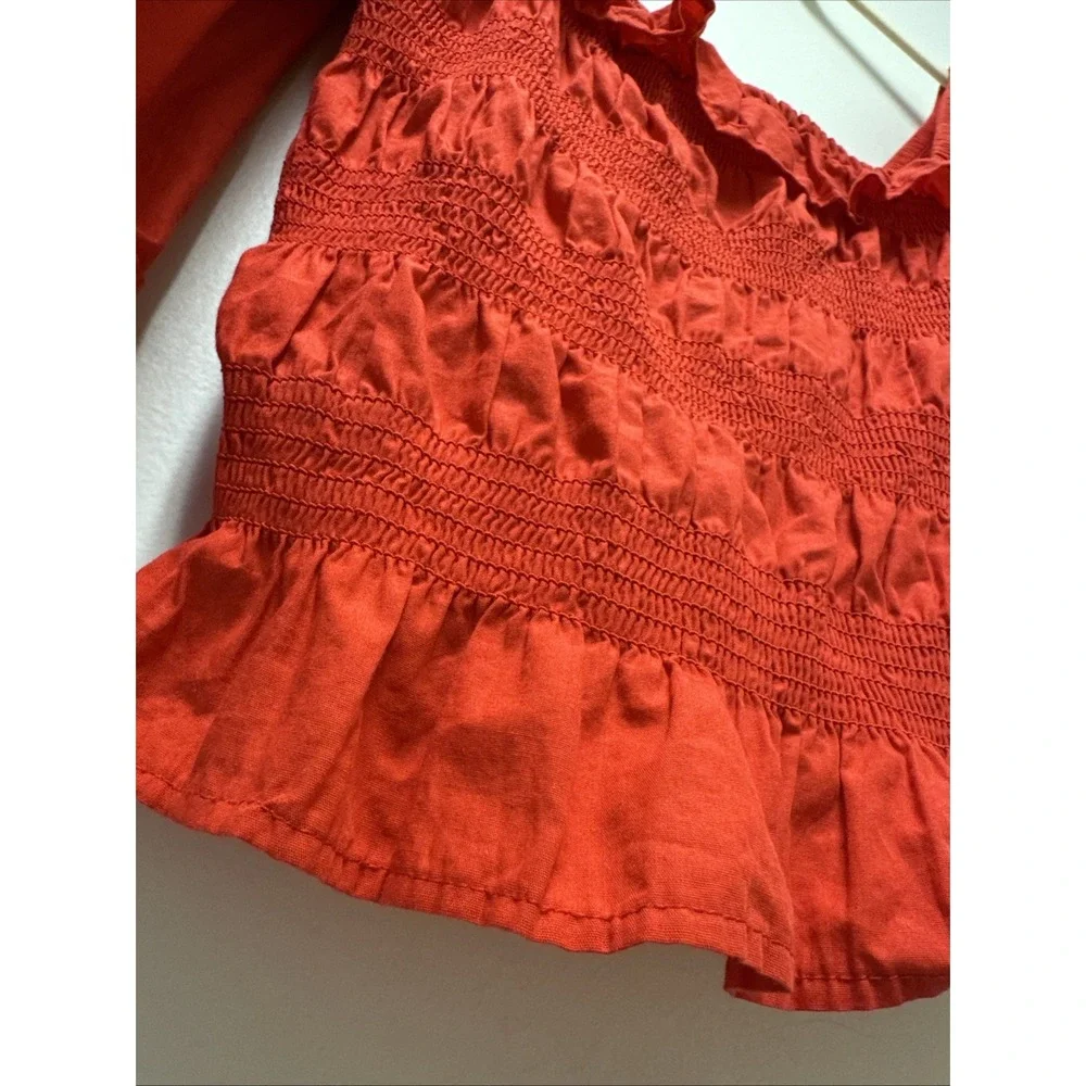 Free People‎ Red Smocked Ruffle Bell Sleeve Crop Top Square Neck XS - Picture 4 of 7